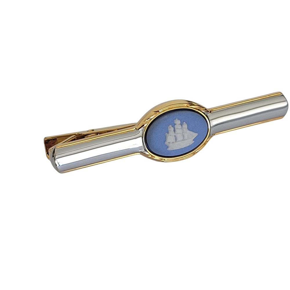Wedgwood Blue Jasperware Ship Tie Bar Clip Two Tone Gold Silver Made in England